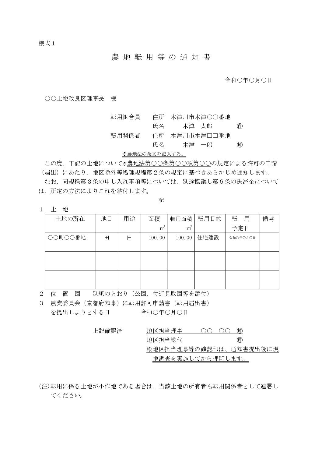 1農地転用通知書(様式1)【記載例】